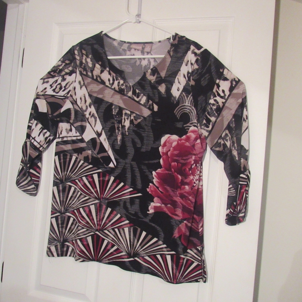 Chico's Womens Bold Multicolor Blouse, Flowing Abstract/Floral Top, Size 2